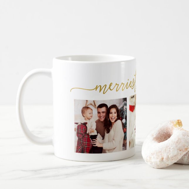 3 Photo Collage Modern Script "Merriest Christmas" Coffee Mug (With Donut)
