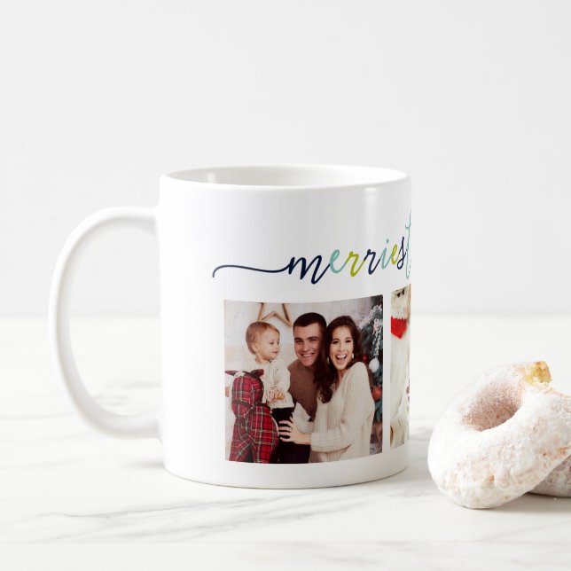 3 Photo Collage Modern Script "Merriest Christmas" Coffee Mug (With Donut)