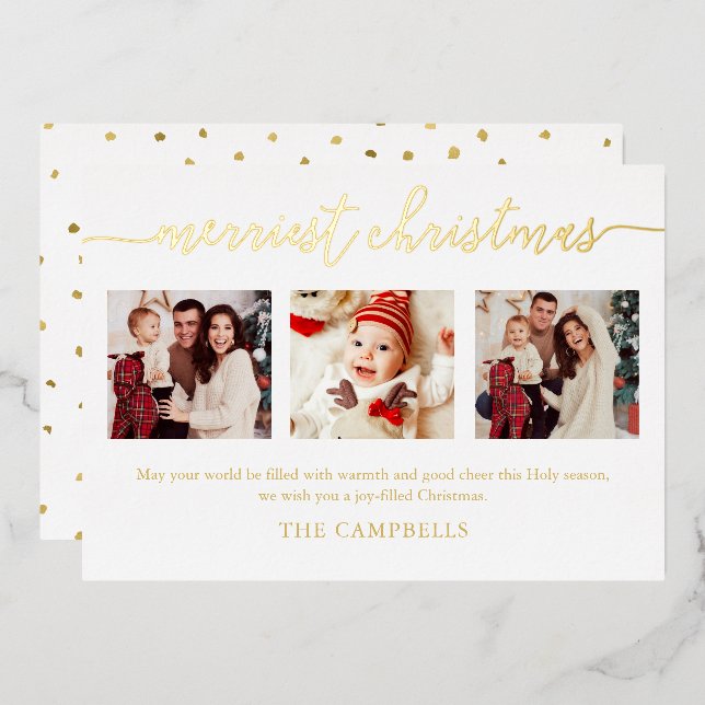 3 Photo Collage Modern Script "Merriest Christmas" Foil Invitation (Front/Back)
