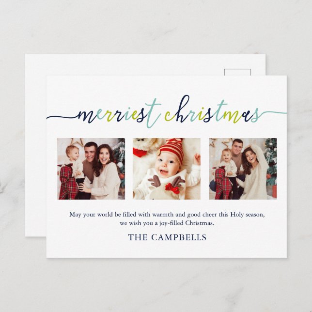 3 Photo Collage Modern Script "Merriest Christmas" Holiday Postcard (Front/Back)