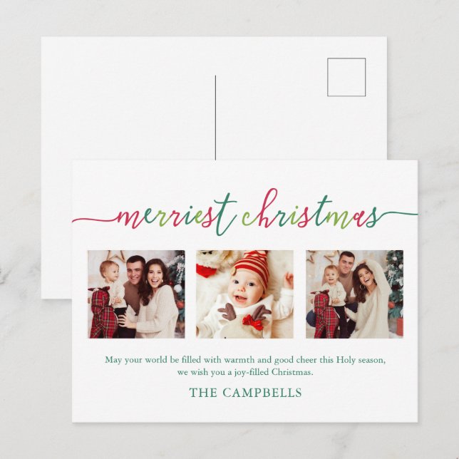 3 Photo Collage Modern Script "Merriest Christmas Holiday Postcard (Front/Back)