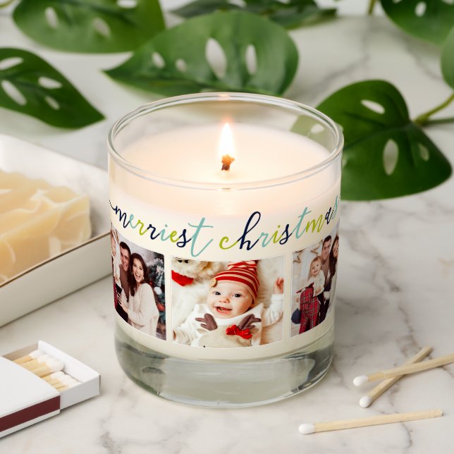 3 Photo Collage Modern Script "Merriest Christmas" Scented Candle (Lit)