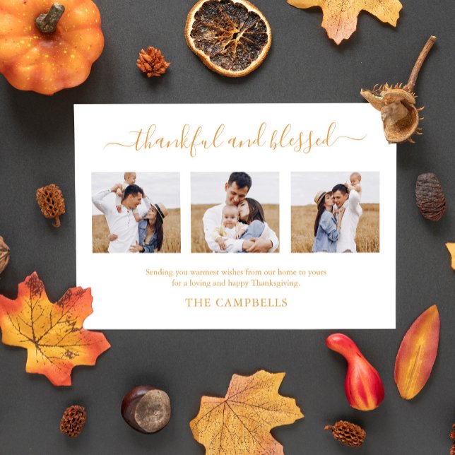 3 Photo Collage Modern Script Thanksgiving Holiday Card (Creator Uploaded)