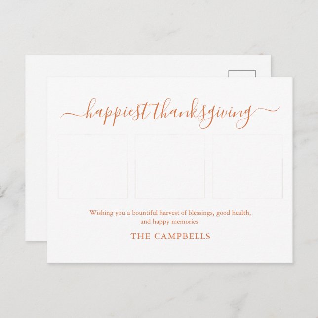 3 Photo Collage Modern Script Thanksgiving Holiday Postcard (Front/Back)