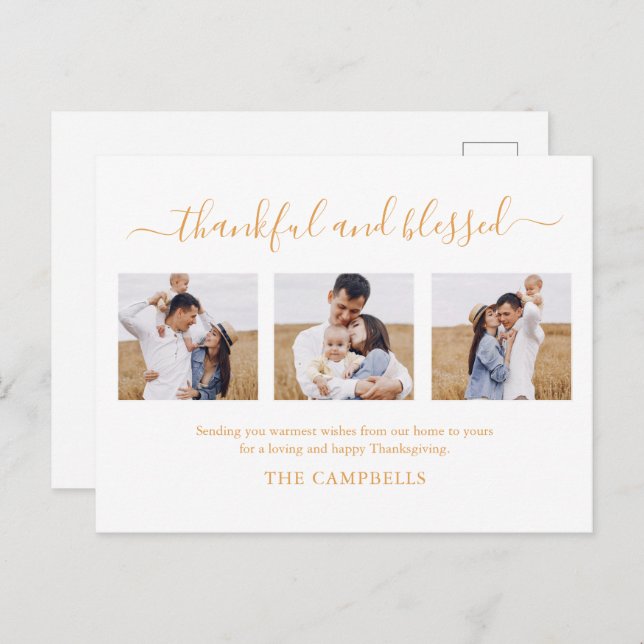 3 Photo Collage Modern Script Thanksgiving Holiday Postcard (Front/Back)
