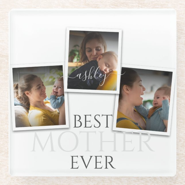 3 Photo Collage Mom Family Memorable Mother's Day Glass Coaster (Front)