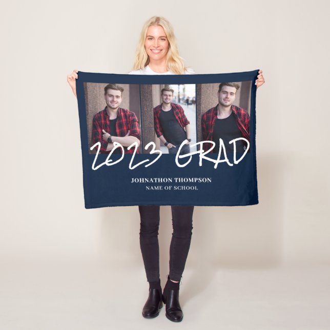 3 Photo Collage Navy 2023 Graduation Fleece Blanket (In Situ)