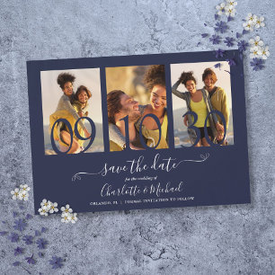 3 Photo Collage Navy Blue Wedding Save The Date Magnetic Invitation