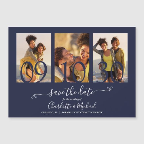 3 Photo Collage Navy Blue Wedding Save The Date Magnetic Invitation
