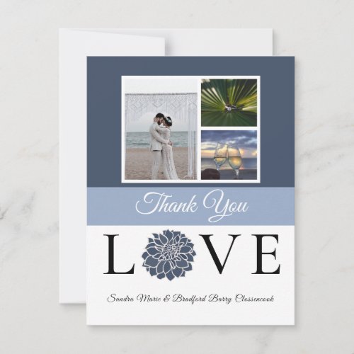 3 Photo collage Navy Dusty Blue Flower Wedding  Thank You Card