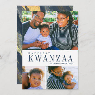 3 Photo Collage Painted Gold Navy Kwanzaa Photo Holiday Card
