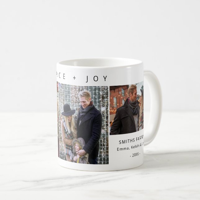 3 Photo Collage Peace and Joy Personalized Holiday Coffee Mug (Front Right)