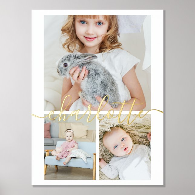  3 Photo Collage Personalized Name Typography Foil Prints (Front)