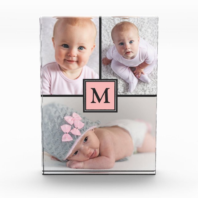 3 Photo Collage Pink Gray Personalized Photo Block (Front)