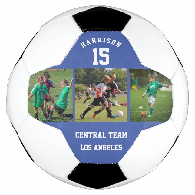3 Photo Collage Player Name and Number Team Blue Soccer Ball (Front)
