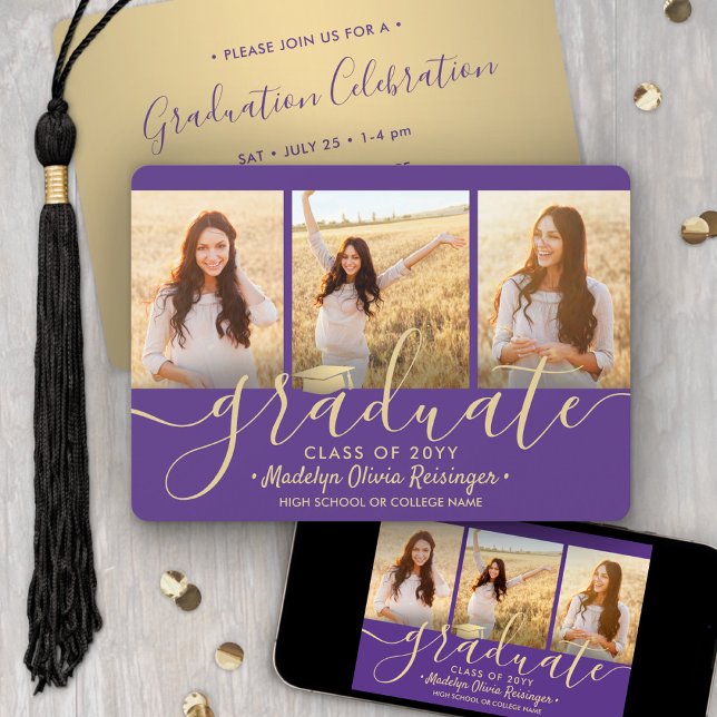 3 Photo Collage Purple and Gold Graduation Party Invitation (Creator Uploaded)