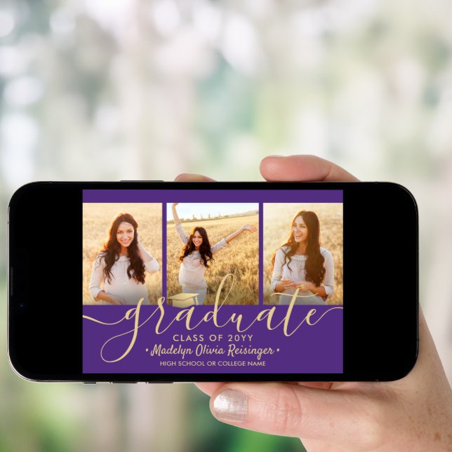 3 Photo Collage Purple and Gold Graduation Party Invitation (Front Digital)