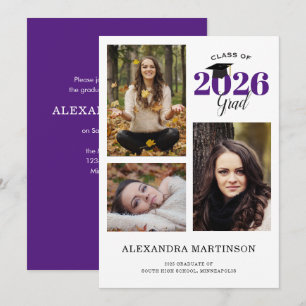 3 Photo Collage Purple Graduation Party Invitation