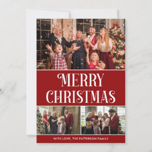 3 Photo Collage Red and White Merry Christmas  Holiday Card