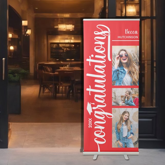 3 Photo Collage Red Graduation Retractable Banner (Modern 3 Photo Collage Red Graduation Retractable Banner (33" x 84"))