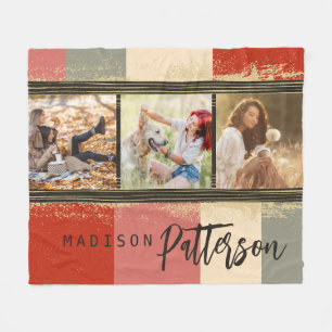 3 Photo Collage Rustic Abstract Personalized Name Fleece Blanket