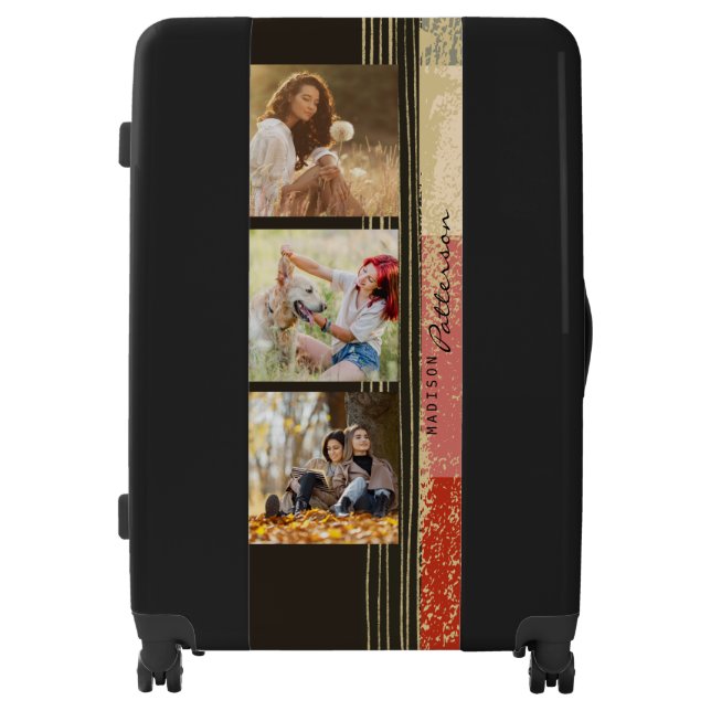 3 Photo Collage Rustic Abstract Personalized Name Luggage (Front)