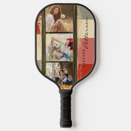 3 Photo Collage Rustic Abstract Personalized Name Pickleball Paddle