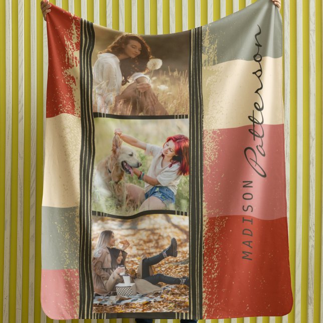 3 Photo Collage Rustic Abstract Personalized Name Sherpa Blanket (Creator Uploaded)