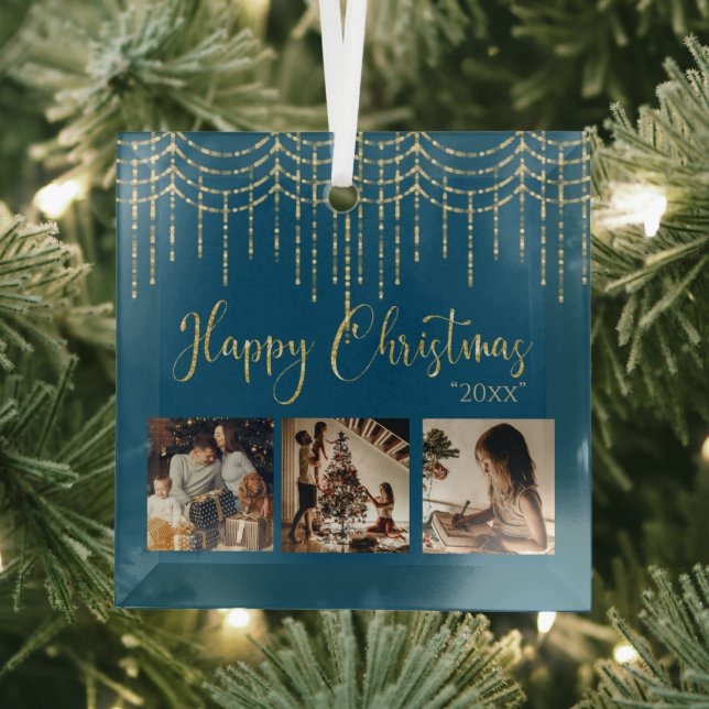 3 Photo Collage Rustic Blue Garland Lights Glass Ornament (Insitu)