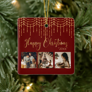 3 Photo Collage Rustic Garland Lights Ceramic Ornament