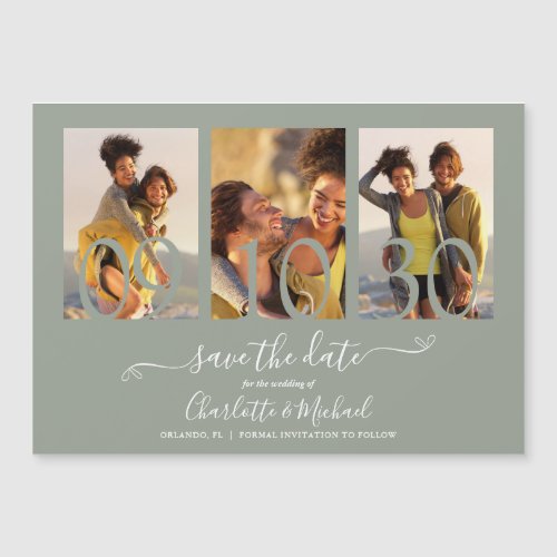 3 Photo Collage Sage Green Wedding Save The Date Magnetic Invitation