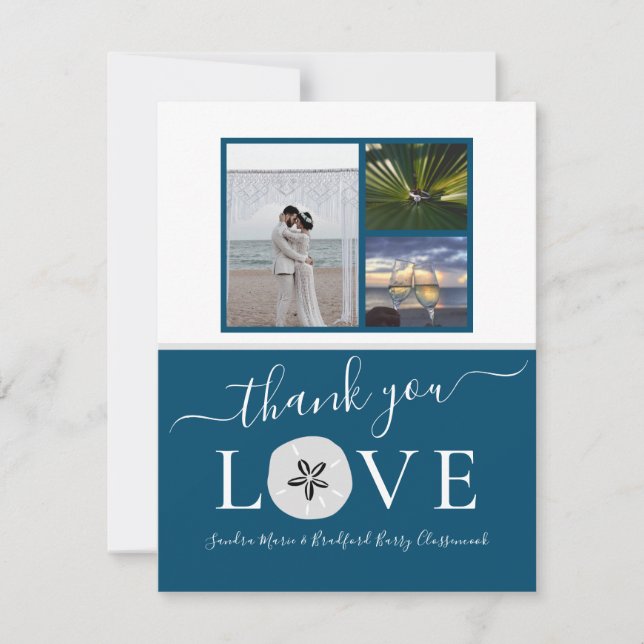 3 Photo collage  Sanddollar  Blue Wedding Thank Yo You Card (Front)