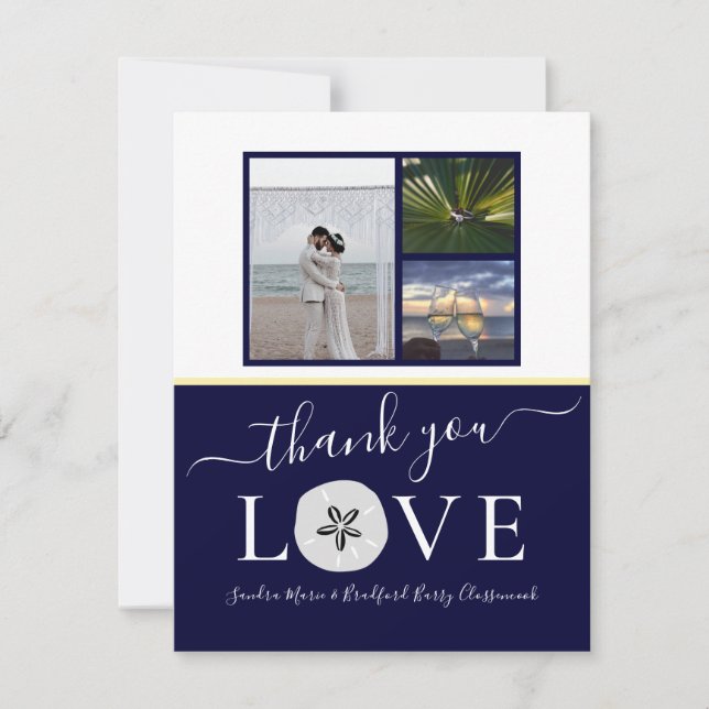 3 Photo collage  Sanddollar  Navy Blue Wedding  Thank You Card (Front)