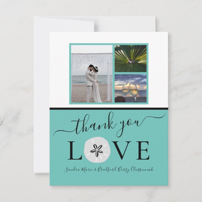 3 Photo collage  Sanddollar Teal Black Wedding Tha Thank You Card (Front)