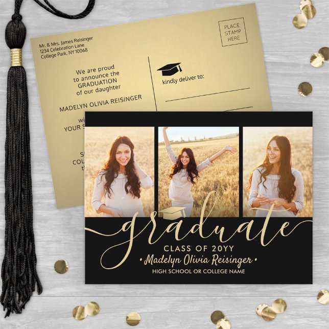 3 Photo Collage Script Black and Gold Graduation Announcement Postcard (Creator Uploaded)