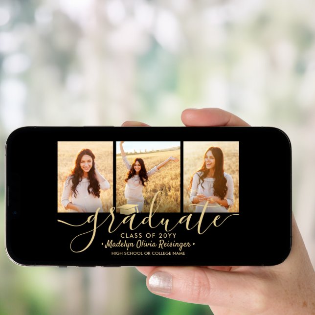 3 Photo Collage Script Black Gold Graduation Party Invitation (Front Digital)