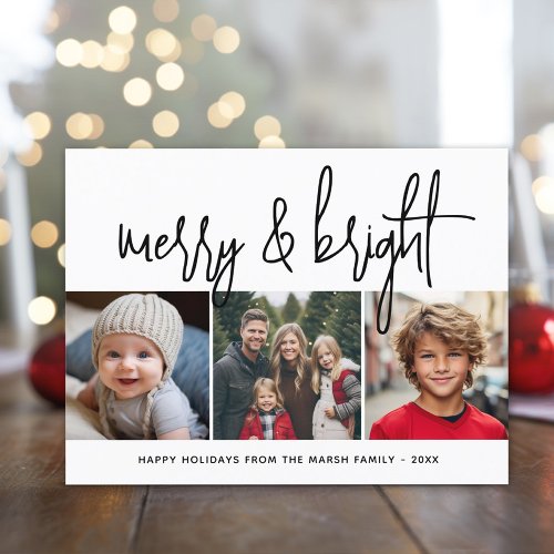 3 Photo Collage Script black white Merry Bright Holiday Card