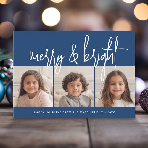 3 Photo Collage Script blue white Merry Bright Holiday Card
