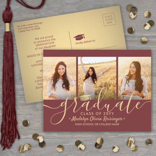 3 Photo Collage Script Burgundy  Gold Graduation Announcement Postcard