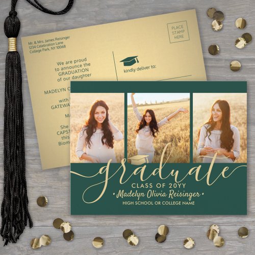 3 Photo Collage Script Green and Gold Graduation Announcement Postcard