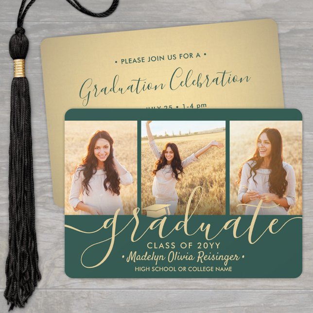 3 Photo Collage Script Green Gold Graduation Party Invitation (Creator Uploaded)