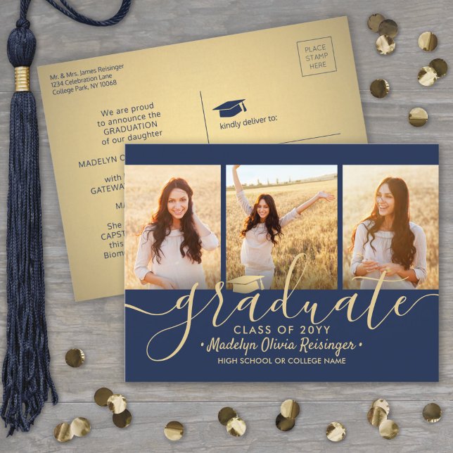 3 Photo Collage Script Navy Blue & Gold Graduation Announcement Postcard (Creator Uploaded)