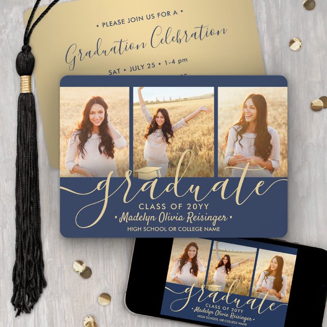 3 Photo Collage Script Navy Gold Graduation Party Invitation (Creator Uploaded)