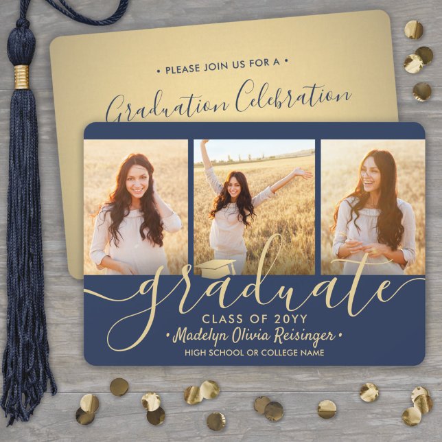 3 Photo Collage Script Navy Gold Graduation Party Invitation (Creator Uploaded)