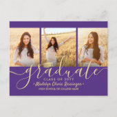 3 Photo Collage Script Purple and Gold Graduation Announcement Postcard (Front)