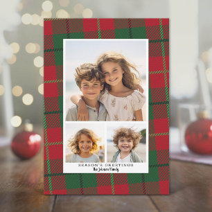 3 Photo Collage Season's Greeting red green plaid Holiday Card