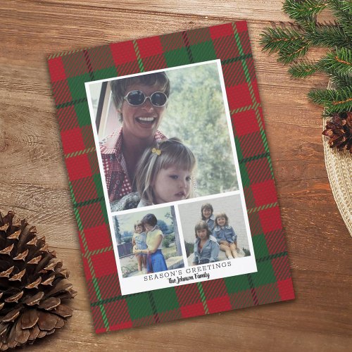 3 Photo Collage Seasons Greeting red green plaid Holiday Card