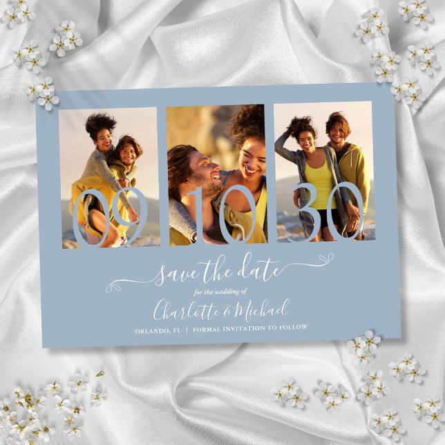 3 Photo Collage Signature Script Dusty Blue Save The Date (3 Photo Collage Signature Script Dusty Blue Save The Date)