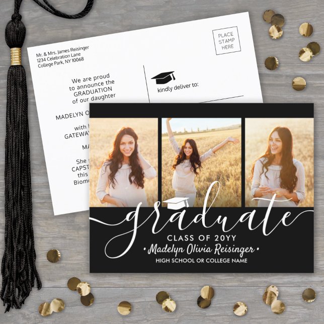 3 Photo Collage Simple Black and White Graduation Announcement Postcard (Creator Uploaded)