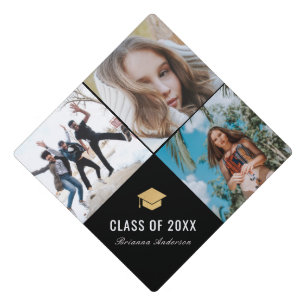 3 Photo Collage Simple Black Graduation Cap Topper